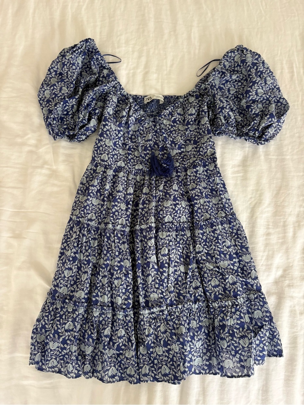 Zara Navy Blue Floral Puff-Sleeve Dress